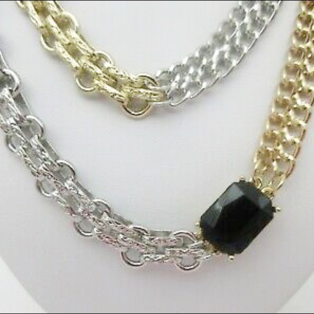 Steve Madden Two-Tone Chunky Chain Necklace | Black Cabochon Statement Necklace - Picture 3 of 4